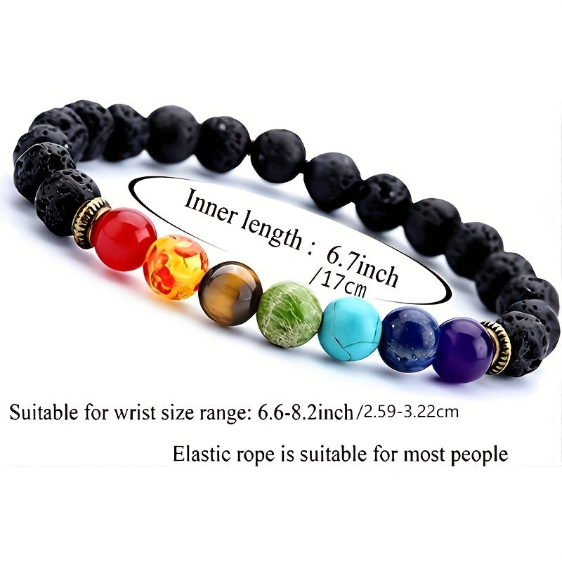 Reiki Healing Stones 7 Chakra Yoga Balance Energy Volcanic Stone Bracelet, Beaded Jewelry, Handmade Yoga Bead Bracelet.