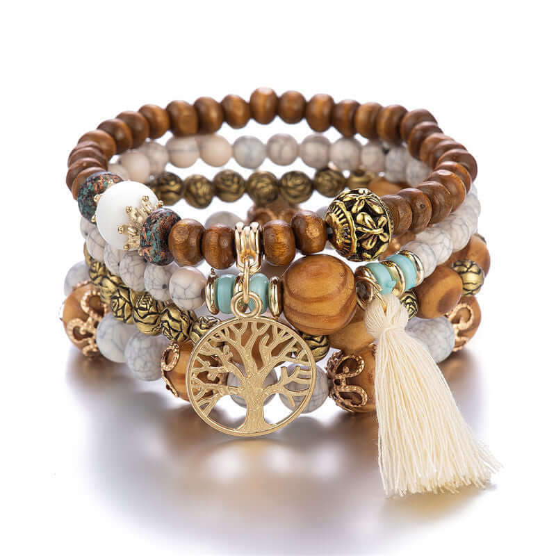 Bohemian Charm: Set of 4 Wooden Bracelets with Tree and Pompon Pendant Bracelet en pierre Bracelets