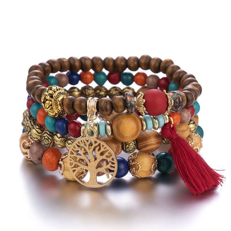 Bohemian Charm: Set of 4 Wooden Bracelets with Tree and Pompon Pendant