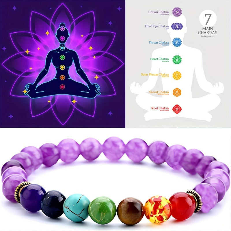 Reiki Healing Stones 7 Chakra Yoga Balance Energy Volcanic Stone Bracelet, Beaded Jewelry, Handmade Yoga Bead Bracelet.