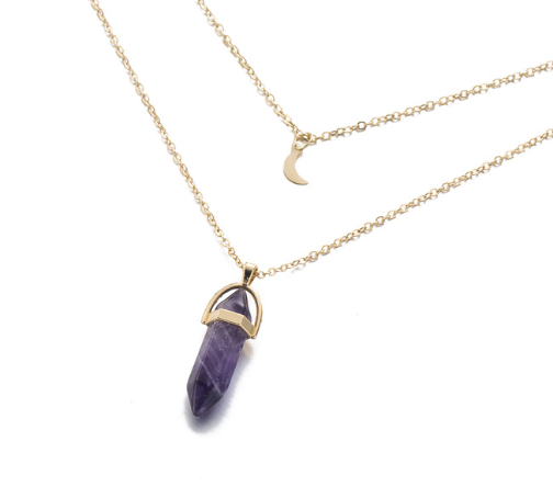 Natural Stone Moon Gold Color Crystal Pendant Necklace For Women