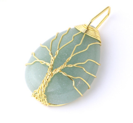 Water drop pendant with gold tree of life and natural gemstone