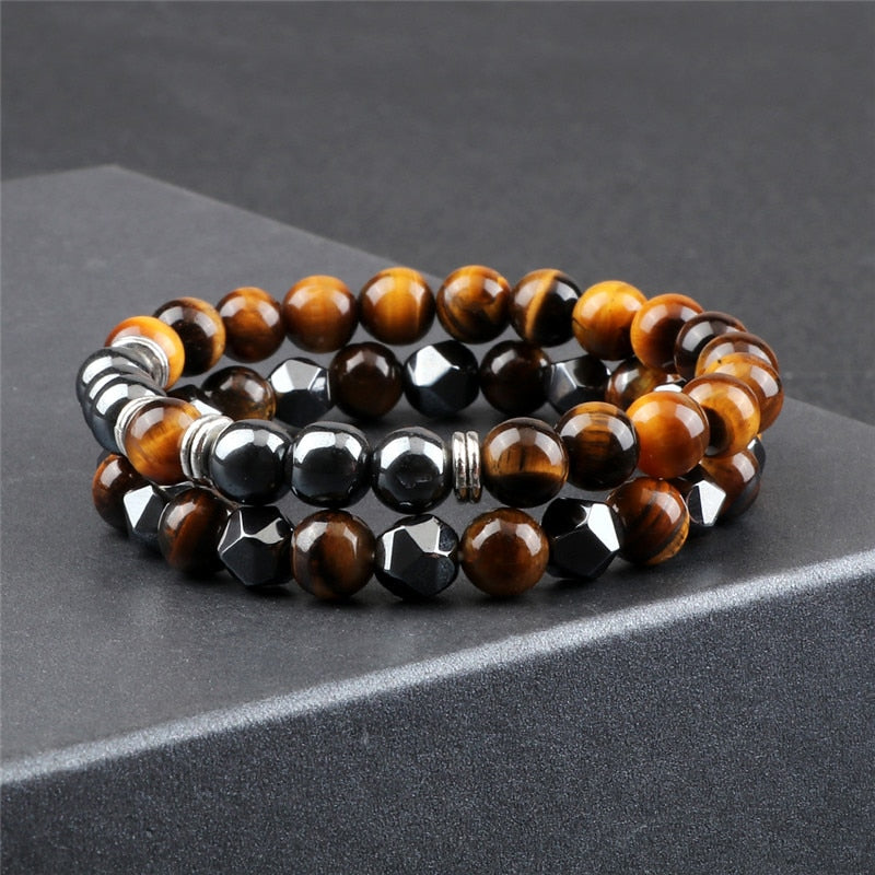 2 Stück unregelmäßiges Hämatit-Lavastein-Armband für Männer 8 mm natürliche Tigerauge-Perlen-Armbänder für Paare oder Freunde