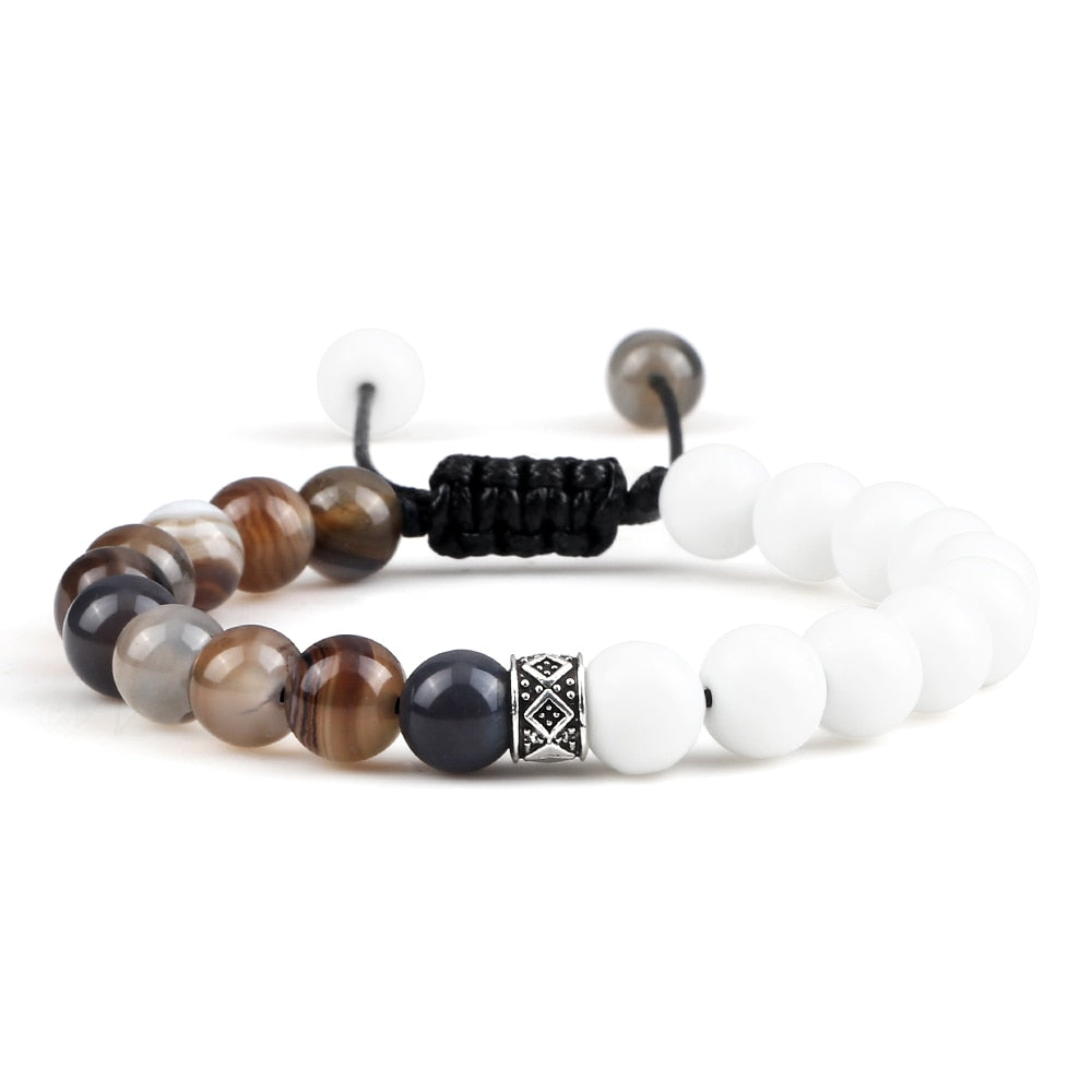 Unisex Natural Stone Bracelet with Fire Agate and Onyx Beads and Secure Clasp