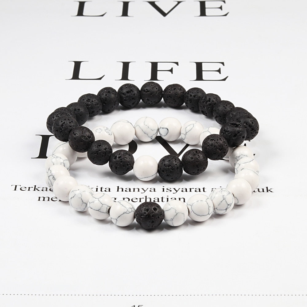 Natural Lava Stone Beaded Yoga Bracelet Set, Black and White, Tiger Eye, Jewelry with Elastic Cord, for Couple