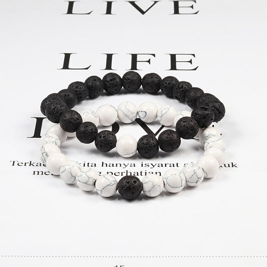 Natural Lava Stone Beaded Yoga Bracelet Set, Black and White, Tiger Eye, Jewelry with Elastic Cord, for Couple