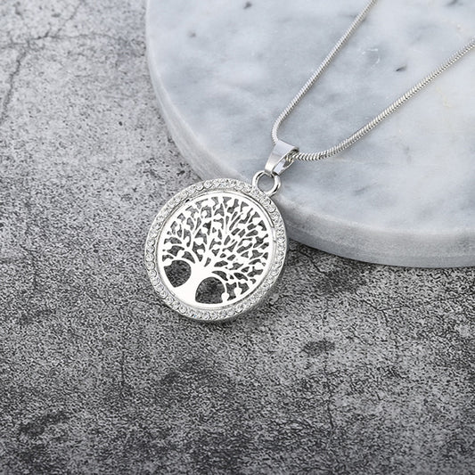 Round crystal tree of life pendant necklace