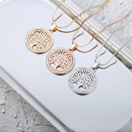 Round crystal tree of life pendant necklace