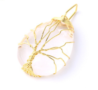 Water drop pendant with gold tree of life and natural gemstone